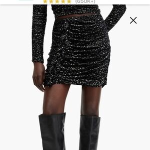 All Saints Eris Leppo Abstract Metallic Print  Black Ruched Mini Skirt NWOT